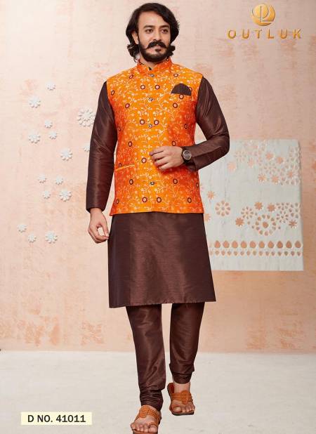 Brown And Orange Colour Latest Design Festive Wear Art Silk Jacquard Print Kurta Pajama With Jacket Mens Collection 41011